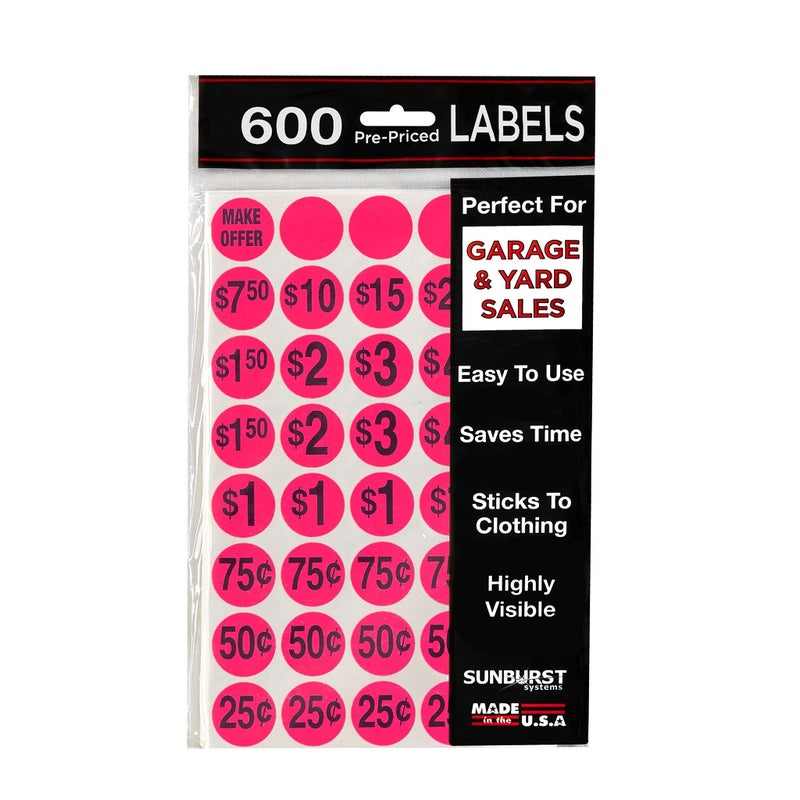 Sunburst Systems 7030 Pre-Priced Garage Sale Stickers (Labels),600 Count, Pink - Image 1